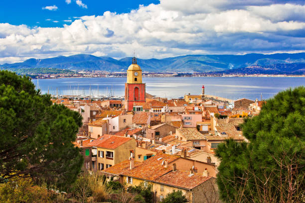 istock Saint Tropez village church tower and old rooftops view 1124556179
