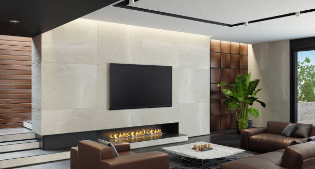 istock Modern spacious minimalist living room with eco fireplace 1124557231