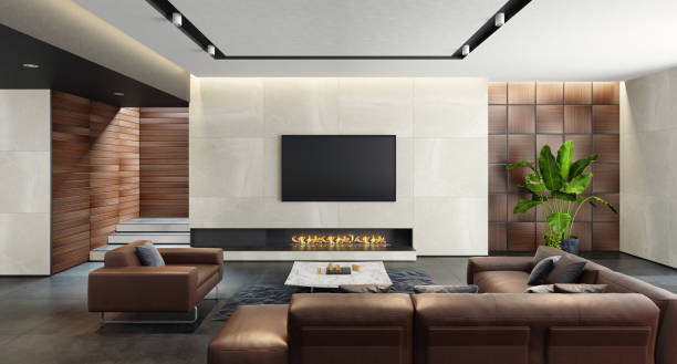 Modern spacious minimalist living room with eco fireplace