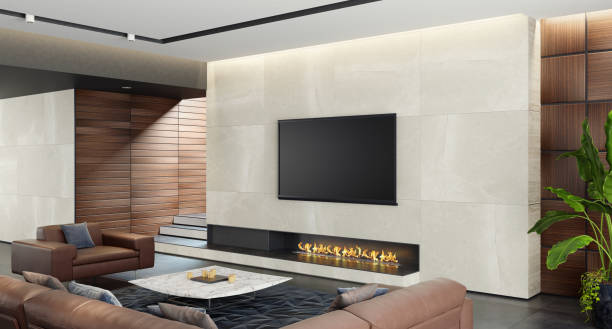 istock Modern spacious minimalist living room with eco fireplace 1124558389