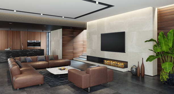 istock Modern open concept kitchen and living room area with eco fireplace 1124558509