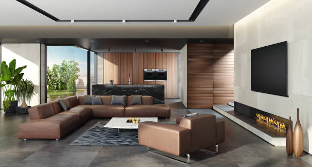 istock Modern open concept kitchen and living room area with eco fireplace 1124558511