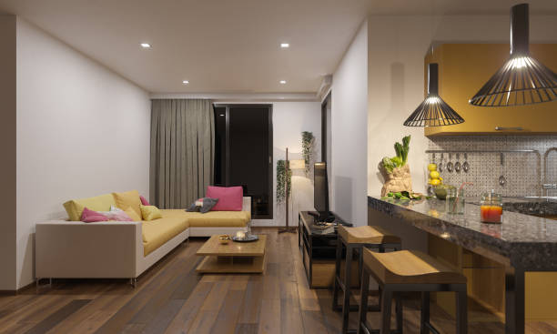 istock Living Room and Kitchen Illuminated and Furnished 1124558818