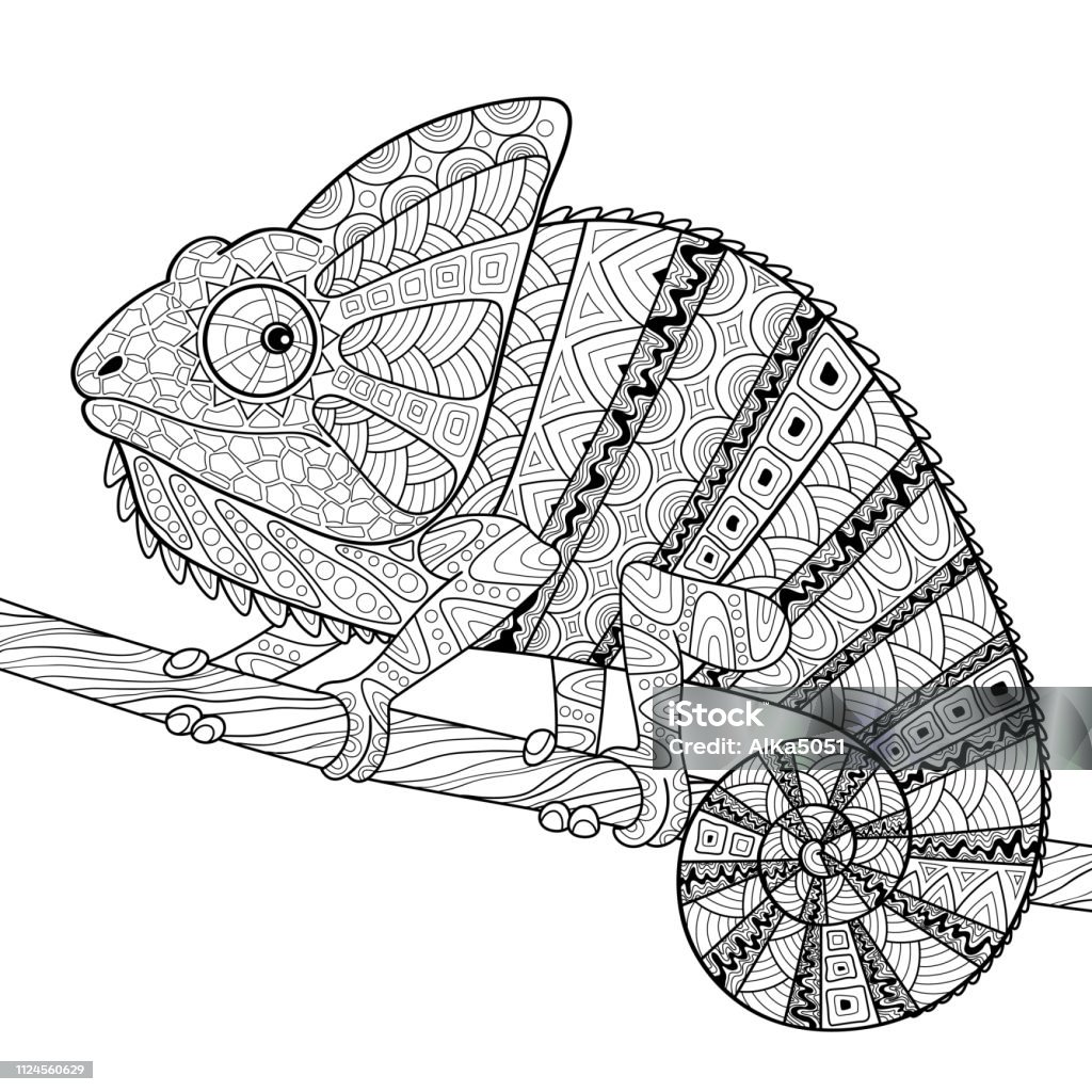 Chameleon. Adult antistress coloring page. Black and white hand drawn doodle for coloring book vector illustration Chameleon stock vector