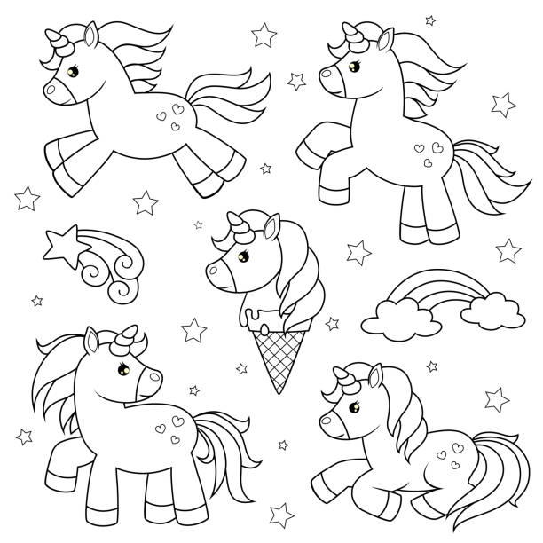 ilustrações de stock, clip art, desenhos animados e ícones de set of cute cartoon unicorns. black and white vector illustration for coloring book - unicorn pony horse cartoon