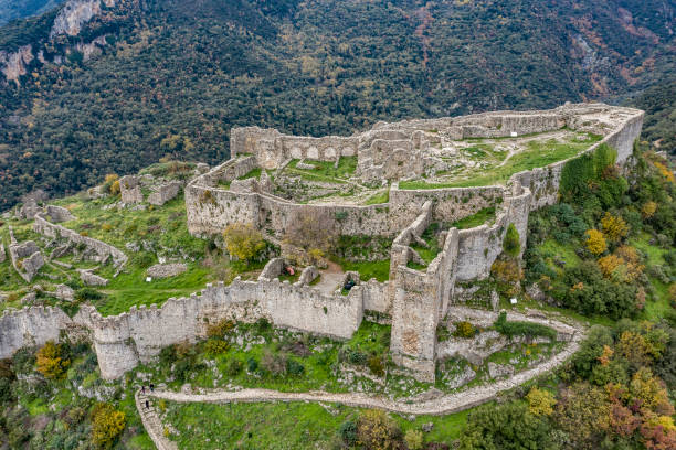 Old Castle ruins on a mountain Greece. Peloponnese. Sparta. The Mystras Castle. sparta greece photos stock pictures, royalty-free photos & images