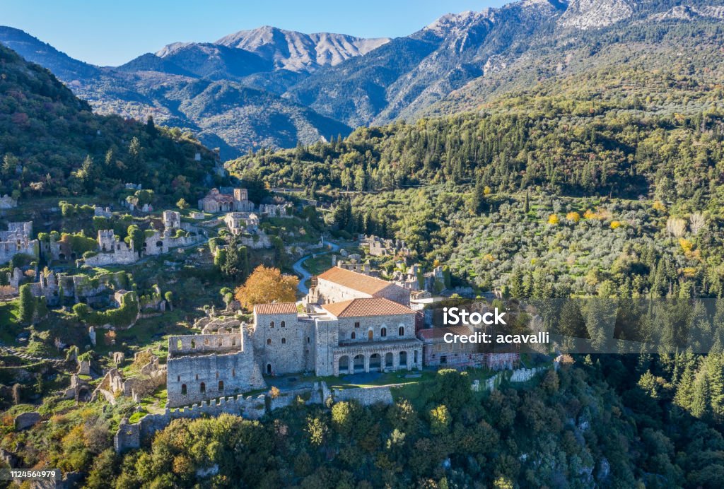 Old Castle ruins on a mountain Greece. Peloponnese. Sparta. The Mystras Castle. Mistras Stock Photo