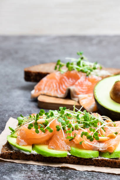 istock Salmon and avocado rye bread sandwich on gray table 1124565001
