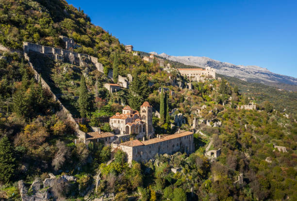 Old Castle ruins on a mountain Greece. Peloponnese. Sparta. The Mystras Castle. sparta greece stock pictures, royalty-free photos & images