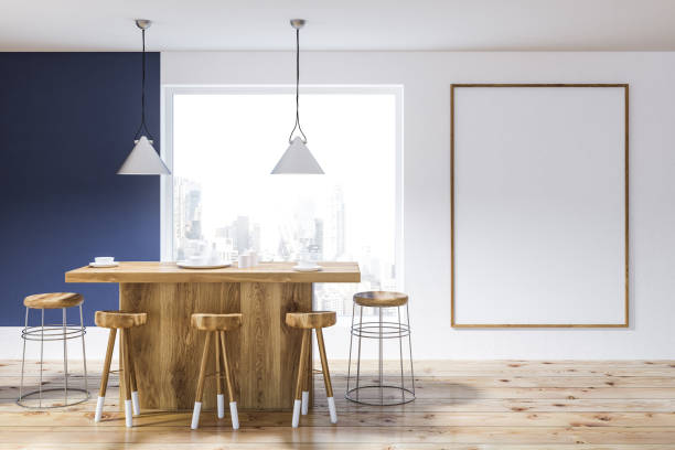 istock Blue and white kitchen with bar and poster 1124567244