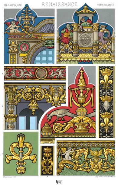 Renaissance: The Architectural Ornamentation Of the Painted stained glass windows. 15th - 16th Century cloister stock illustrations