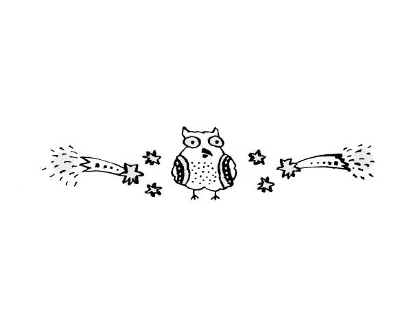 Owl among the stars and comets. Not understanding what is happening. Owl among the stars and comets. Not understanding what is happening. Satirical drawing. background of a owl black and white stock illustrations