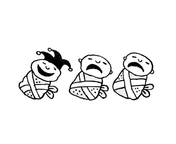 The child is a junkie among crying children. The child is a junkie among crying children. Satirical drawing. black baby crying drawing stock illustrations