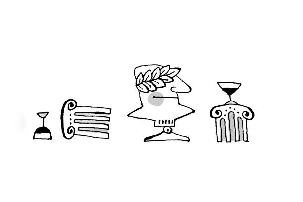 Glasses of wine and artifacts of ancient Rome, a bust of Caesar and fragments of columns. Symbol of drunkenness. Glasses of wine and artifacts of ancient Rome, a bust of Caesar and fragments of columns. Symbol of drunkenness. Satirical drawing. julius caesar bust stock illustrations
