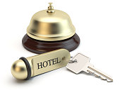 Reception bell and key, 3D illustration