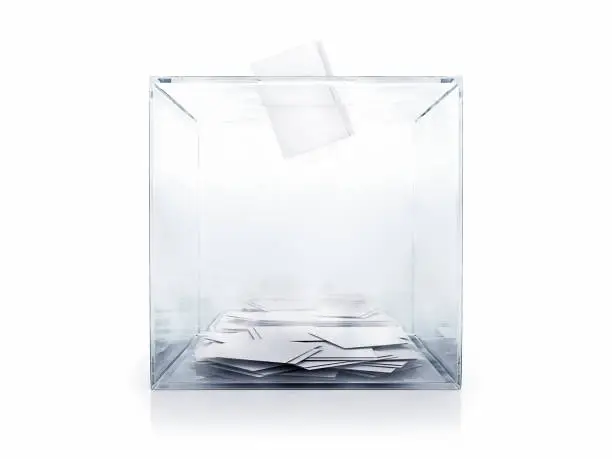 Front view of transparent ballot box with votes on white background, 3d render