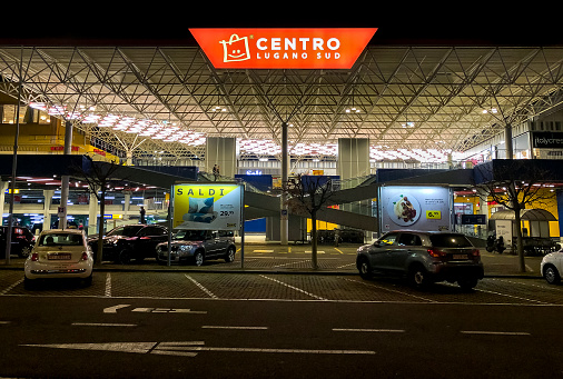 Grancia, Ticino, Switzerland - January 24, 2019: Centro Lugano Sud in the evening, is the leading shopping centre in Ticino, with more than 50 shops inside, Grancia, Switzerland