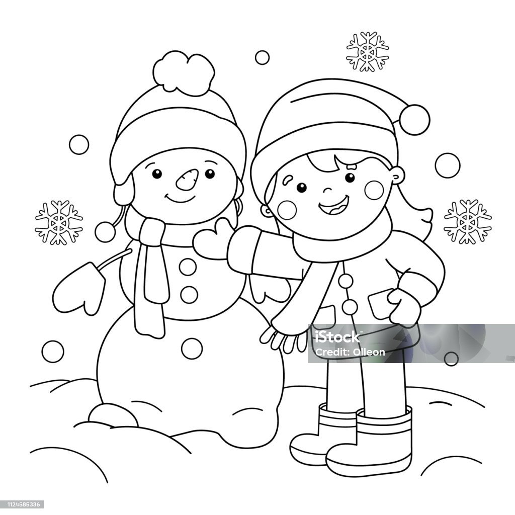 Coloring Page Outline Of cartoon girl making snowman. Winter. Coloring book for kids Coloring Book Page - Illlustration Technique stock vector