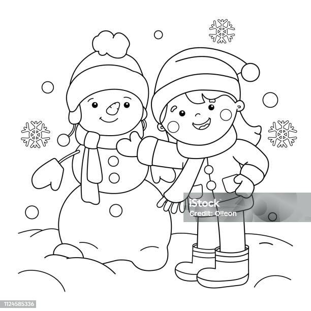 Coloring Page Outline Of Cartoon Girl Making Snowman Winter Coloring Book For Kids Stock Illustration - Download Image Now