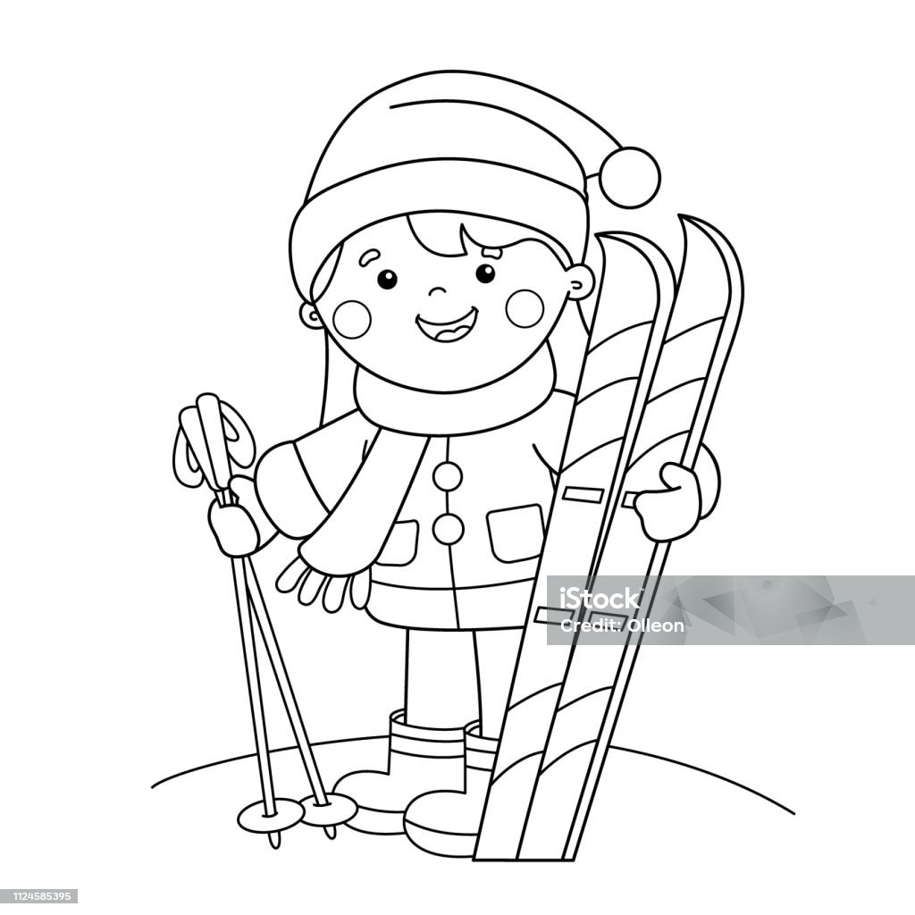 Coloring Page Outline Of cartoon girl with skis. Winter sports. Coloring book for kids Arts Culture and Entertainment stock vector