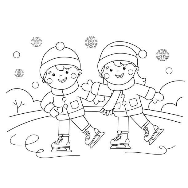 ilustrações de stock, clip art, desenhos animados e ícones de coloring page outline of cartoon boy with girl skating. winter sports. coloring book for kids - humor book fun human age