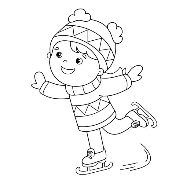 ilustrações de stock, clip art, desenhos animados e ícones de coloring page outline of cartoon girl skating. winter sports. coloring book for kids - humor book fun human age