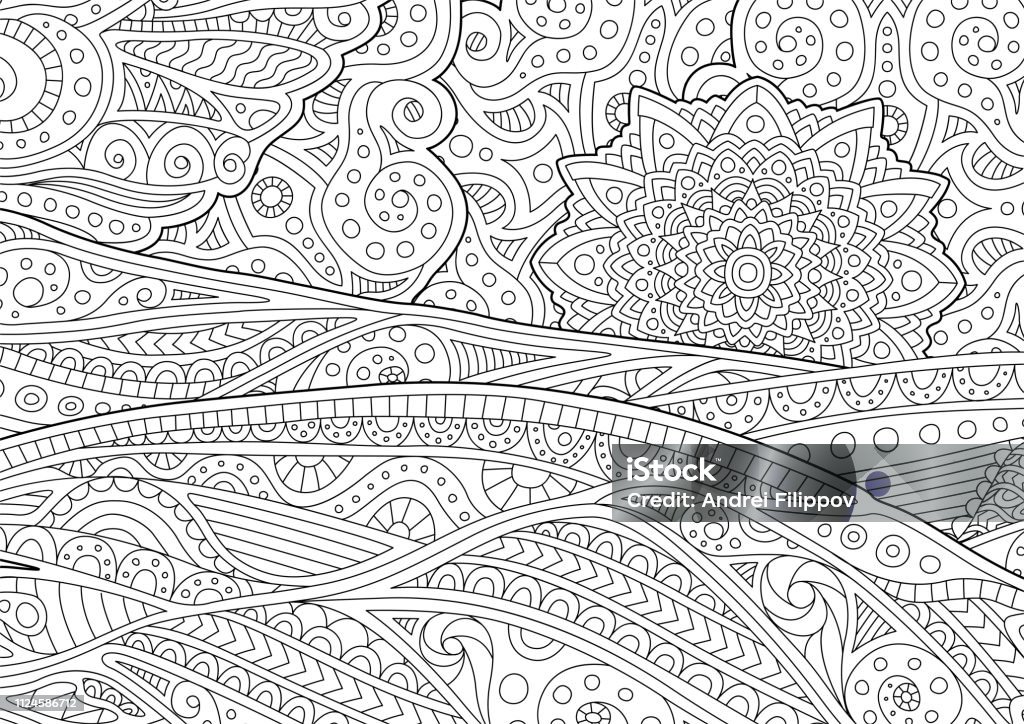 Adult coloring book page with stylized landscape Beautiful adult coloring book page with stylized landscape Tangle Pattern stock vector