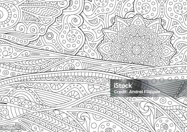 Adult Coloring Book Page With Stylized Landscape Stock Illustration - Download Image Now - Tangle Pattern, Abstract, Agricultural Field