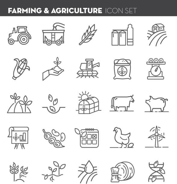 bauernhof und landwirtschaft flache einfache linie kunst rahmenplanung set symbol - green crop tractor planting stock-grafiken, -clipart, -cartoons und -symbole