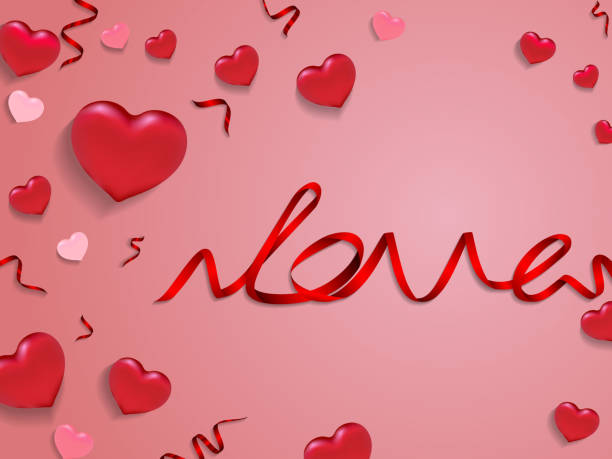 istock Valentine's day concept background with handwriting love ribbon text. 3d hearts and ribbon. 1124590941