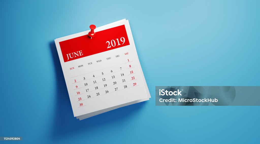 Post It June 2019 Calendar On Blue Background Post it June 2019 calendar on blue background. Horizontal composition with copy space. Calendar and reminder concept. Calendar Stock Photo