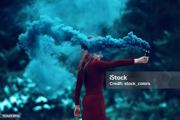 Deep Smoke From Flaming Torch Stock Photo - Download Image Now - Smoke - Physical Structure, Blue, Magician