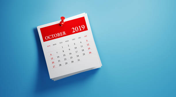 Post It October 2019 Calendar On Blue Background Post it October 2019 calendar on blue background. Horizontal composition with copy space. Calendar and reminder concept. 2019 stock pictures, royalty-free photos & images