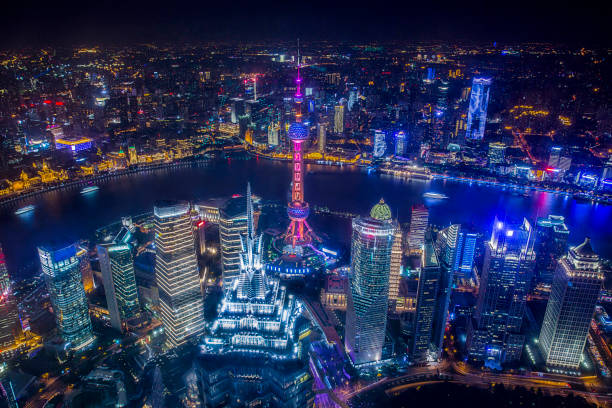 Aerial View of Shanghai Cityscape at Night Aerial View of Shanghai Cityscape at Night shanghai tower stock pictures, royalty-free photos & images