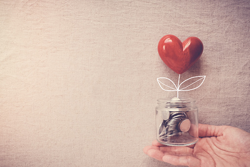 Mano sosteniendo un frasco de árbol de corazón en monedas de dinero, responsabilidad social y concepto de la donación photo