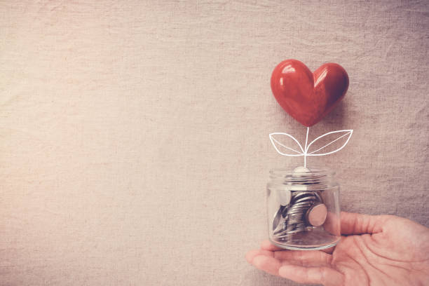 hand met een pot van hart boom groeien op geld munten, sociale verantwoordelijkheid en donatie concept - rugzaken stockfoto's en -beelden