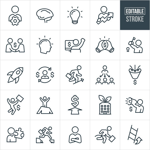 Entrepreneur Line Icons - Editable Stroke A set of entrepreneur icons that include editable strokes or outlines using the EPS vector file. The icons include entrepreneurs, business people, business startups, business organization, businessmen, success in business, business growth, ladder of success, creative ideas, hard work and solutions to name a few. small business owner stock illustrations