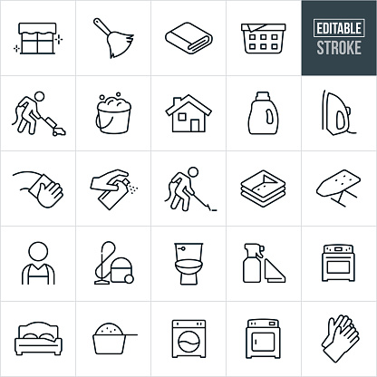 A set of cleaning icons that include editable strokes or outlines using the EPS vector file. The icons include people cleaning, a maid, house work, house cleaning, cleaning supplies, clean laundry, house appliances and other related icons.