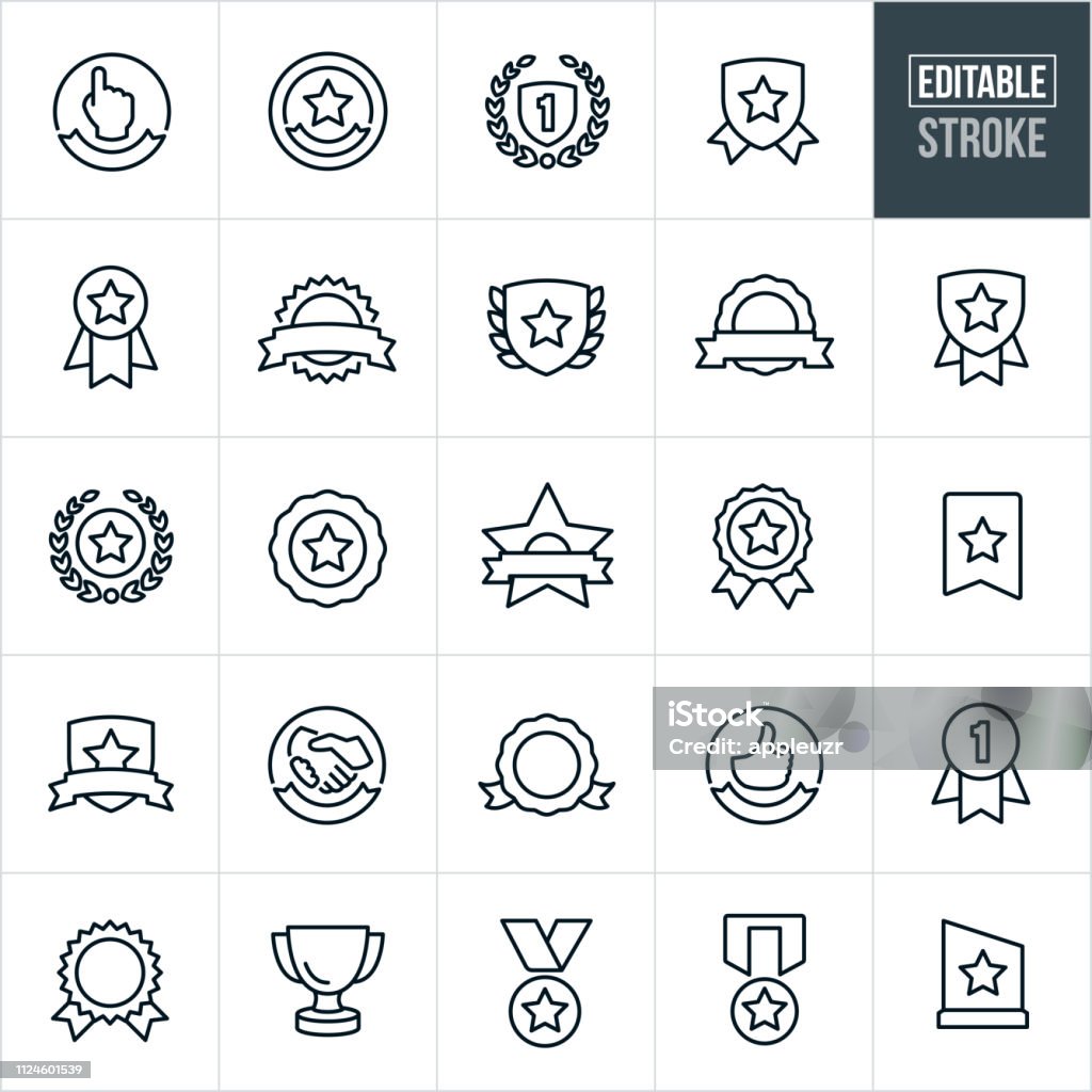 Awards And Ribbons Line Icons - Editable Stroke A set of awards and ribbons icons that include editable strokes or outlines using the EPS vector file. The icons include ribbons, awards, trophies, medals, plaques, seals and banners to name a few. Icon stock vector