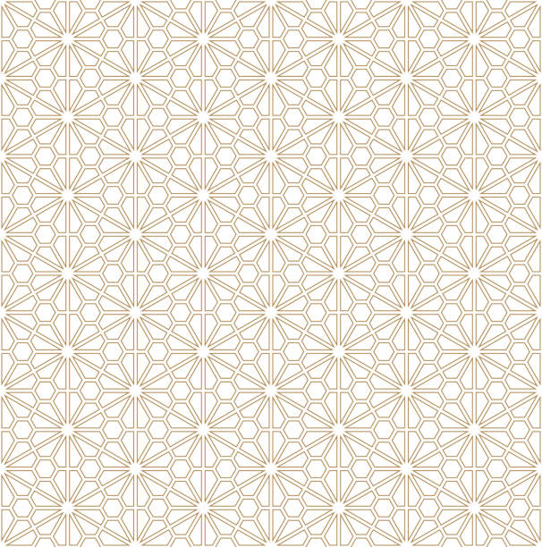Seamless geometric pattern based on Japanese ornament Kumiko Seamless pattern based on Japanese ornament Kumiko.Golden color. arabic style illustrations stock illustrations