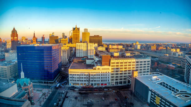 Panoramic view from on high above Milwaulkee looking towards Lake Michigan