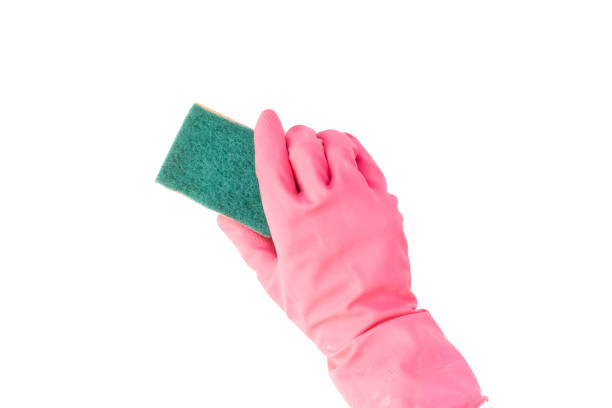 istock close up persons hand in protective glove hold clean supply on white surface isolated. housekeeping concept b 1124613288