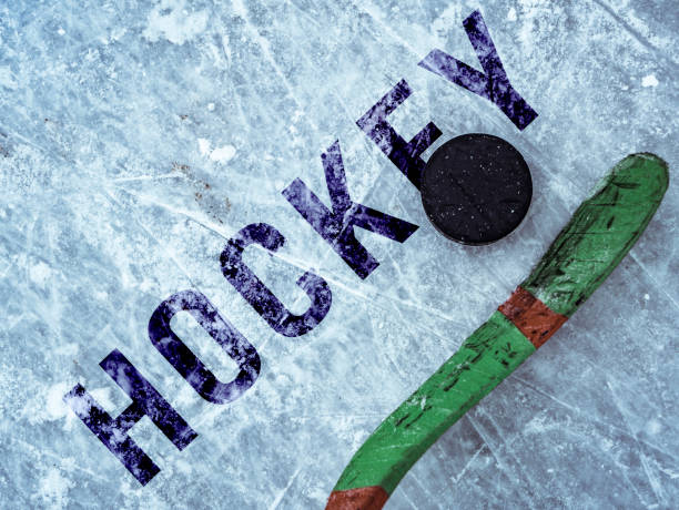 istock hockey puck and stick on the ice texture, copyspace and text b 1124614670