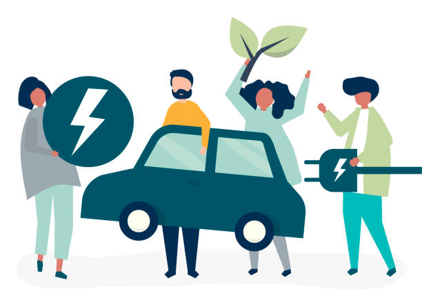 ilustraciones, imágenes clip art, dibujos animados e iconos de stock de grupo de personas con un coche eléctrico - environment responsibility gear resource