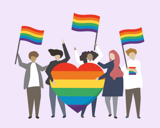 People with LGBTQ rainbow flags illustration People with LGBTQ rainbow flags illustration honor illustrations stock illustrations