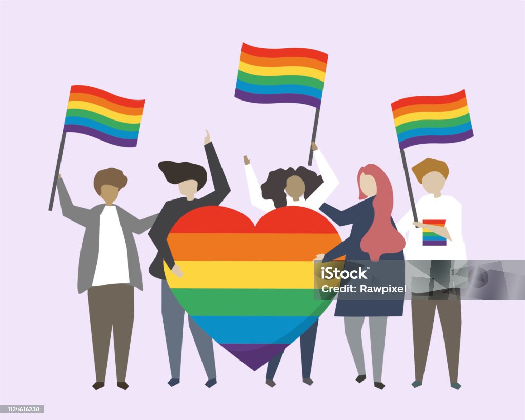 有男女同性戀、雙性戀和變性者彩虹旗的人 - 免版稅自豪圖庫向量圖形