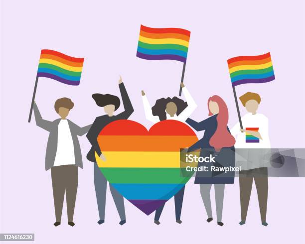 有男女同性戀雙性戀和變性者彩虹旗的人向量圖形及更多自豪圖片 - 自豪, LGBTQI人仕, 插圖
