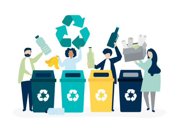 illustrazioni stock, clip art, cartoni animati e icone di tendenza di persone che ordinano la spazzatura per il riciclaggio - riciclaggio illustrazioni