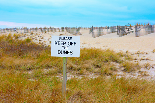 PLEASE KEEP OFF THE DUNES white painted wooden sign on beach with beautiful colorful grasses, sand dunes with fences and blue sky background reminding us to respect the environment and wildlife areas.