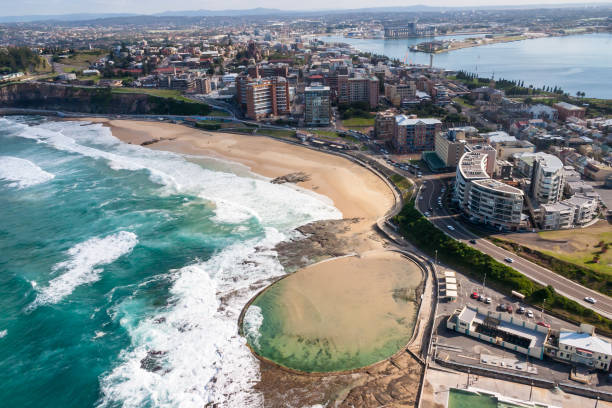 Newcastle Beach - Newcastle New South Wales Australia. Aerial view Aerial view of Newcastle Beach and the Newcastle Ocean baths. newcastle new south wales photos stock pictures, royalty-free photos & images